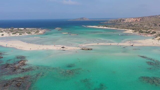 Aerial drone view over Elafonisi beach, Crete island, Greece. Sandy beach and turquoise water