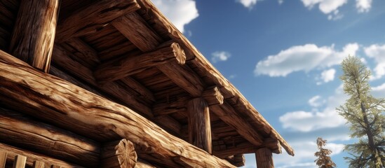 A quaint wooden cabin standing under a clear blue sky with fluffy white clouds in the background - Powered by Adobe
