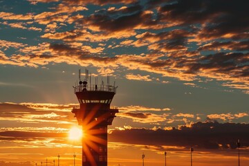 Tranquil Airport control tower sunset. Control air traffic. Generate Ai - obrazy, fototapety, plakaty