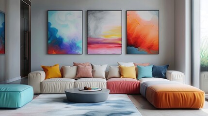 A modern living room boasting pastel-colored sofas that exude comfort and style. a series of contemporary paintings on the wall, vibrant colors, and abstract designs.