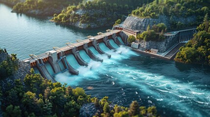 Energy conversion at a 3D cartoon dam, water flowing into power