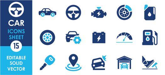 Car icon collection. Car service and repair icons element. Containing car wash, vehicle, garage and so on. Flat car related icons.