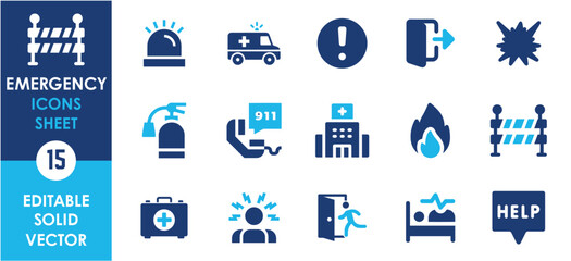 Emergency icon set. Containing ambulance, lifebuoy, first aid and so on. Flat emergency icons set.