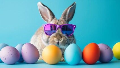 Fototapeta na wymiar A cool Easter bunny wearing purple sunglasses sitting behind colorful eggs on a blue background.