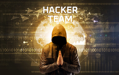Faceless hacker at work, security concept