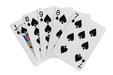 Straight flush playing cards on transparent background
