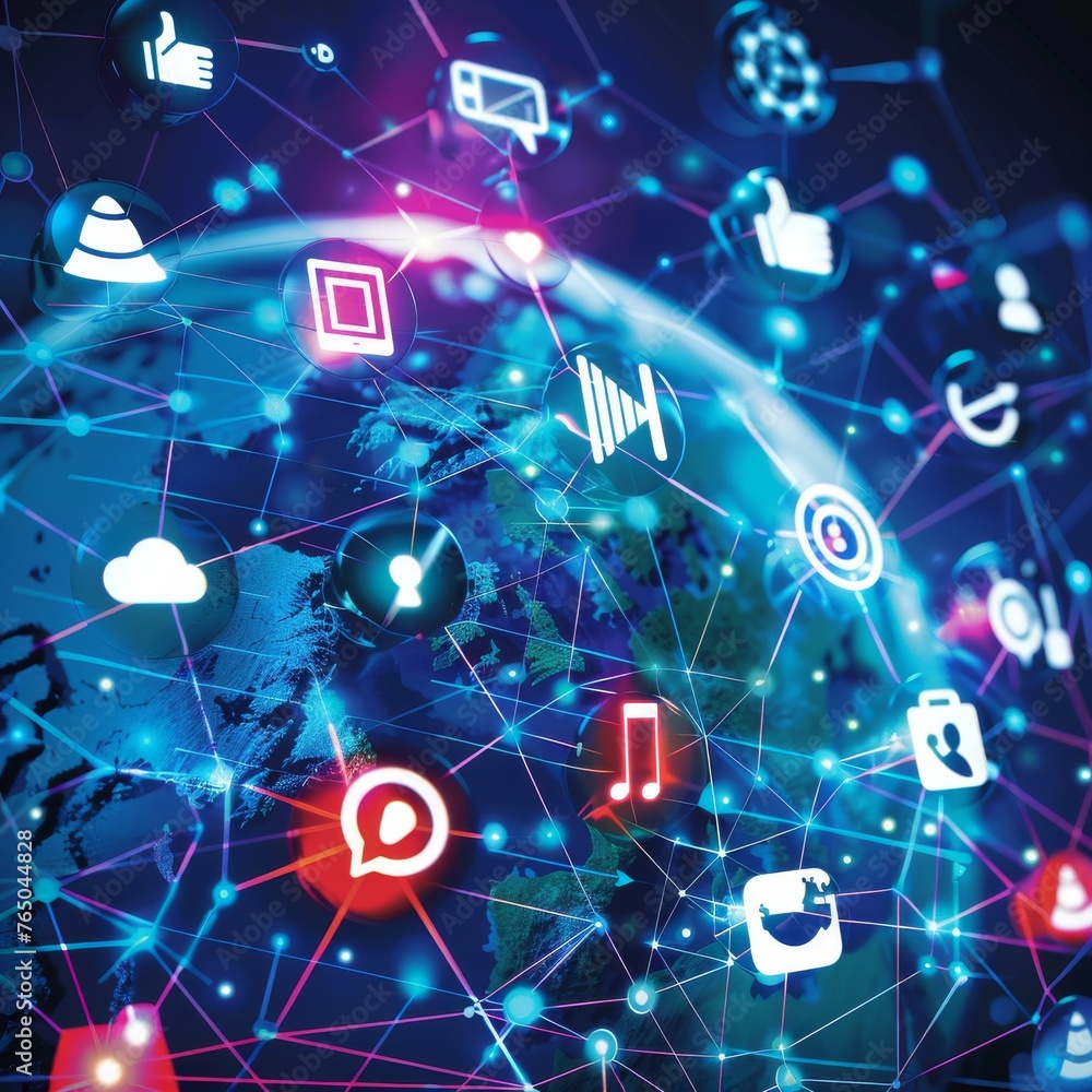 Poster a vivid depiction of a network with multimedia icons highlighting the concept of interconnected digi