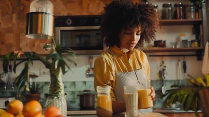 Woman preparing smoothie in kitchen,