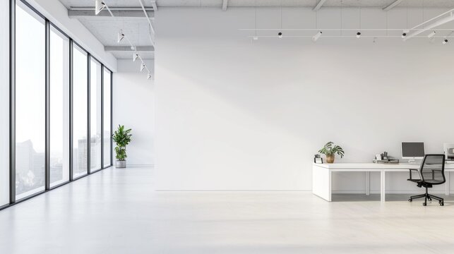 mock up Spacious office interior with white walls, windows with city view. 3d rendering