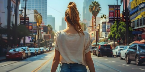 A young woman walks in a Los Angeles street capturing the essence of tourism in California USA....