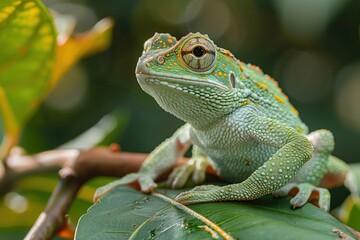 Green and Yellow Chameleon Sitting on a Branch