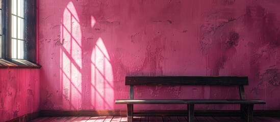 In a room, there is a bench placed against a vibrant pink wall creating a stylish and colorful interior setting