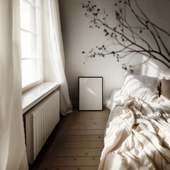 Poster frame mockup (DinA) in bedroom interior. A poster frame leans against a light gray wall and sits on a wooden floor in a bedroom. The sun is shining through the window.