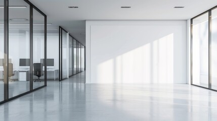 mock up Spacious office interior with white walls, windows with city view. 3d rendering
