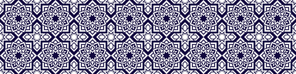 Islamic vector seamless pattern. Repeated arab background with elegant arabesque. Islam decorative template banner. Backdrop in eastern style for textile and fabric prints and designs