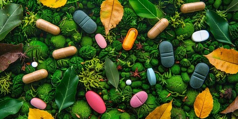 Pills on the grass. Concept of useful natural supplements. A combination of nature and medicine.