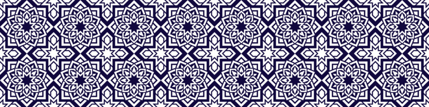 Islamic vector seamless pattern. Repeated arab background with elegant arabesque. Islam decorative template banner. Backdrop in eastern style for textile and fabric prints and designs