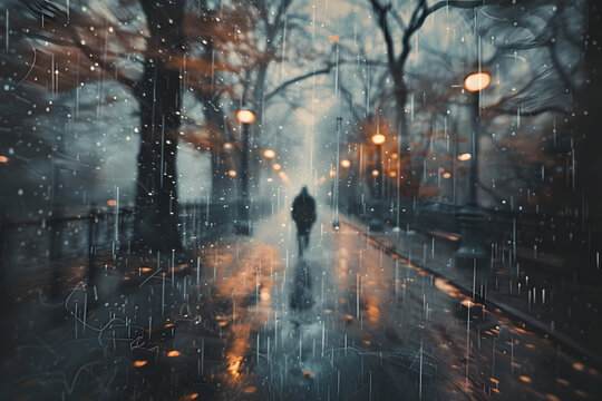 Night in the city. Rainy autumn street with lights and walking man. City street illustration in impressionist style. For poster, music album, book cover