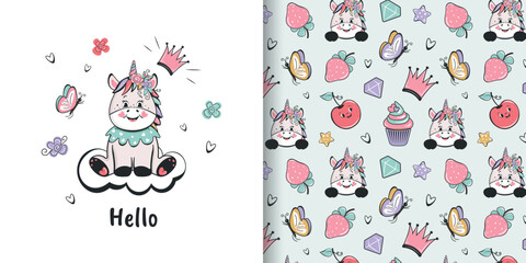 Children's seamless pattern with a funny unicorn. Vector design for baby bedding, fabric, wallpaper, wrapping paper and more.