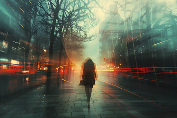 People in the city. Foggy evening with female silhouette on street. Abstract city art for poster, music album, book cover, poetry, wallpaper