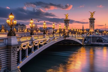 Majestic Famous alexander bridge in France. Ancient historical monument with street lights watercolor. Generate ai