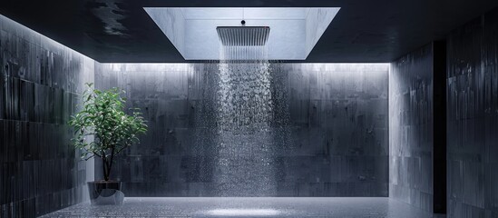 Contemporary bathroom featuring a large shower with a rainfall shower head and a vibrant green plant in the center