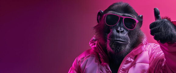 A monkey wearing sunglasses and a pink jacket is giving a thumbs up. a fun and playful mood, monkey's outfit and pose is humorous. Pink Pop Monkey with Sunglasses and shiny jacket making thumb up
