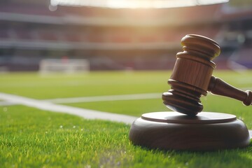 Legal gavel on sports stadium background with copy space Sports law taxes transfers soccer football...