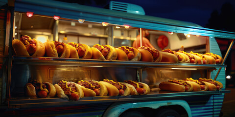 Vintage Food Truck Serving Hot Dogs. Hot Dogs Showcase, display of hotdogs at mobile stall. Street Fast food.