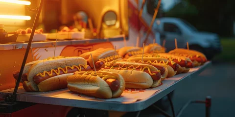 Foto op Plexiglas Vintage Food Truck Serving Hot Dogs. Hot Dogs Showcase, display of hotdogs at mobile stall. Street Fast food. © SnowElf