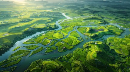 Aerial View of River Flowing Through Lush Green Countryside