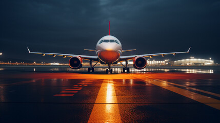 A  airplane nose cone with runway lights illuminating the path for takeoff.