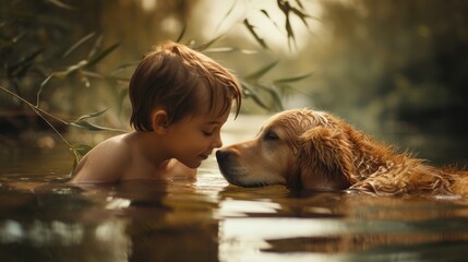 Cute little boy playing with golden retriever in the water at sunset - obrazy, fototapety, plakaty
