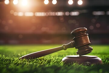 Legal Gavel on Sports Stadium Background with Copy Space: Exploring Sports Law, Taxes, Transfers, Soccer, Football, Baseball, Track, and Field. Concept Sports Law, Taxes, Transfers, Soccer, Football - obrazy, fototapety, plakaty