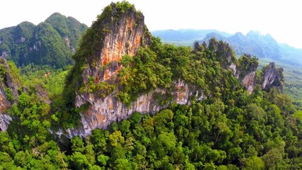 Aerial Shot Of Green Rock Formations At Khao Sok National Park Against Clear Sky, Drone Flying Backwards On Sunny Day - Krabi, Thailand