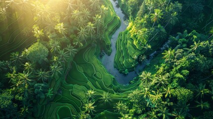 Aerial View of River Surrounded by Palm Trees - obrazy, fototapety, plakaty