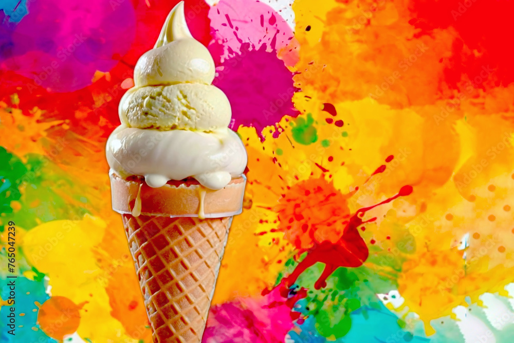Poster ice cream in a waffle cone on a multicolored background