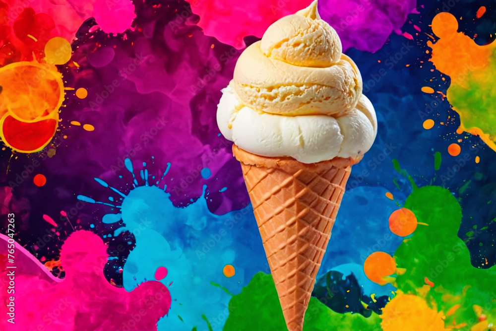 Poster ice cream in a waffle cone on a multicolored background
