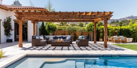 A wooden poolside pergola with seating and an outdoor sofa, providing shade for summer picnics or relaxation in the style of the swimming pool in California Generative AI