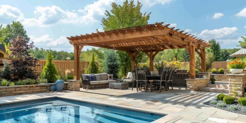 Pergola over pool area with seating and comfortable chairs, creating an outdoor living space The wooden arbor has solid wood construction in the style of traditional designs Generative AI