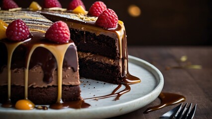 Chocolate cake with chocolate glaze, raspberries and blueberries