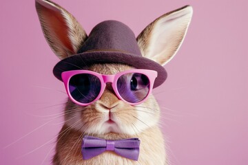 Bunny in a fedora and pink shades against a pink backdrop.