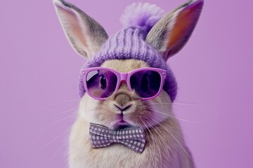 Bunny rocking purple sunglasses and a matching knit hat.