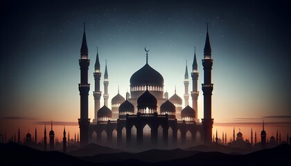 Illustration for eid al fitr with a silhouette of a mosque with minarets against dusk. - obrazy, fototapety, plakaty