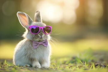Bunny with sunglasses enjoying the outdoor sunshine. - 765047479