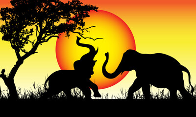 Savannah night landscape, wild nature of Africa. Kenya illustration poster, full moon and walking elephants