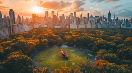 Helicopter Flying Over Lush Green Park