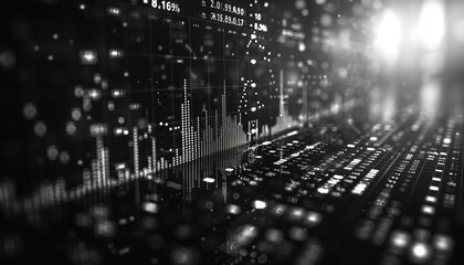 Technological Background: Lights, Beams, Code, Line Charts, and More