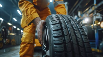 Fototapeta premium man with gloves removing a car tire from a workshop in high resolution and high quality. mechanical concept, repair