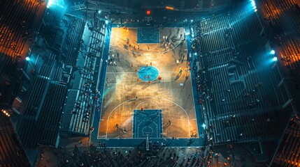 Aerial View of Basketball Court at Night - obrazy, fototapety, plakaty